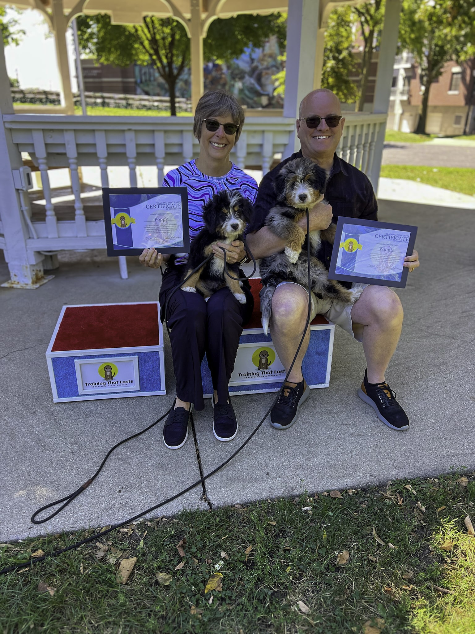 A Family picking up their Trained Bernedoodle Puppy from Training That Lasts which they bought from Hoosier Canines.
