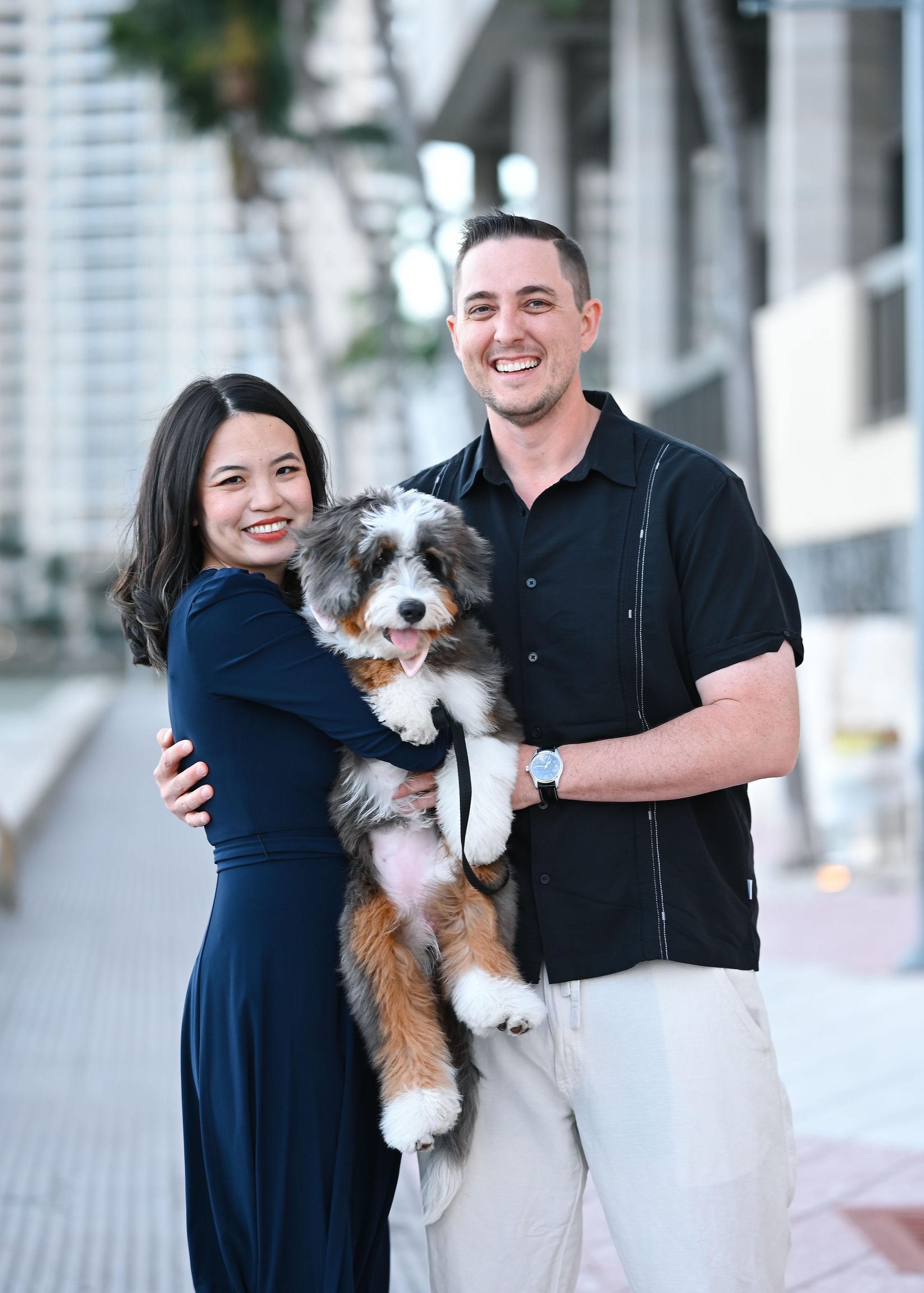 A Bernedoodle with a lush, furnished coat, exuding charm with its fluffy facial hair and playful gaze